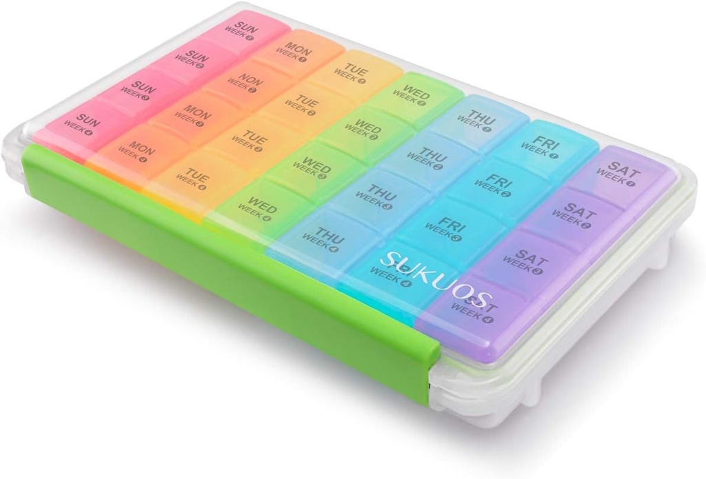 Sukuos Organizador Mensual de Pill 28 Días, Caja Grande de Moistura-Resistente Caja de Pill con Caja de Polvo-Proof y Lido Limpio para Vitamina/Fish Oil/Supplements, Fácil de Abrir y Limpia
