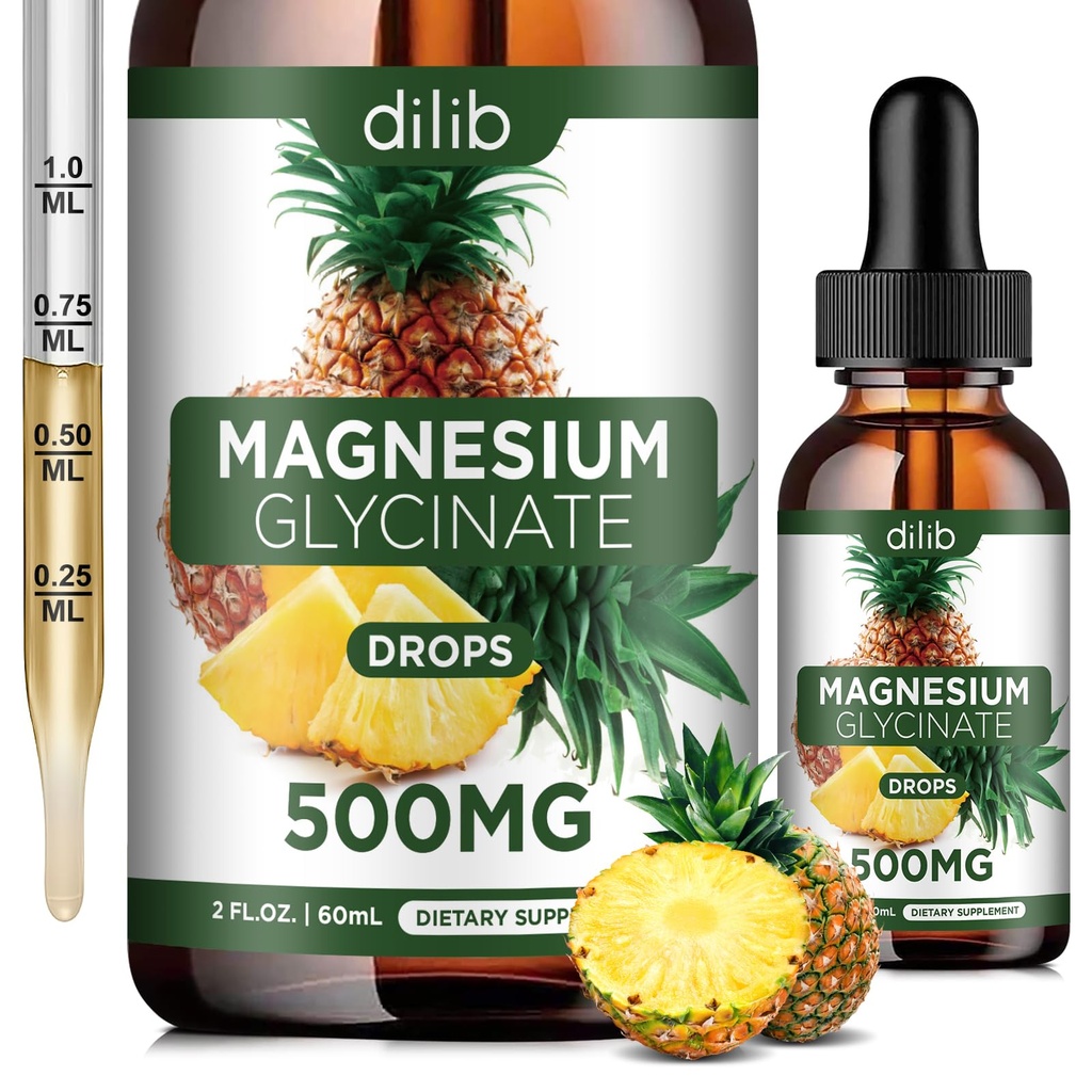 Magnesium Glycinate Supplement, Liquid Magnesium Glycinate Liquid Drops 500mg-Support Stress Relief, Relaxation, Mood, Sleep, Bone & Muscle-2 Fl Oz, Vegan, Pineapple Flavor