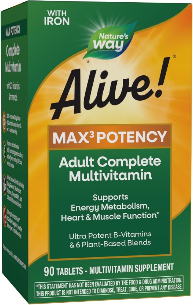 ¡La naturaleza está viva! Max3 Potency Daily Multivitamin, Methylated B12 y Folate, Ultra Potency B-vitaminas para apoyar el metabolismo energético*, 90 Tablets