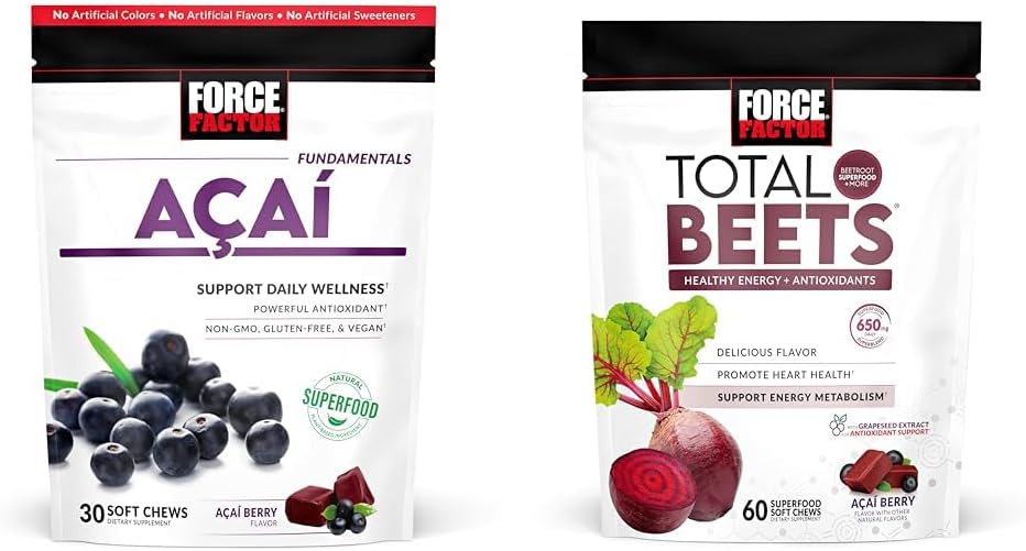 Factor de fuerza Acai Soft Chews for Immunity & Total Beets Soft Chews for Heart Healthy Energy, 30 &amp; 60 Chews