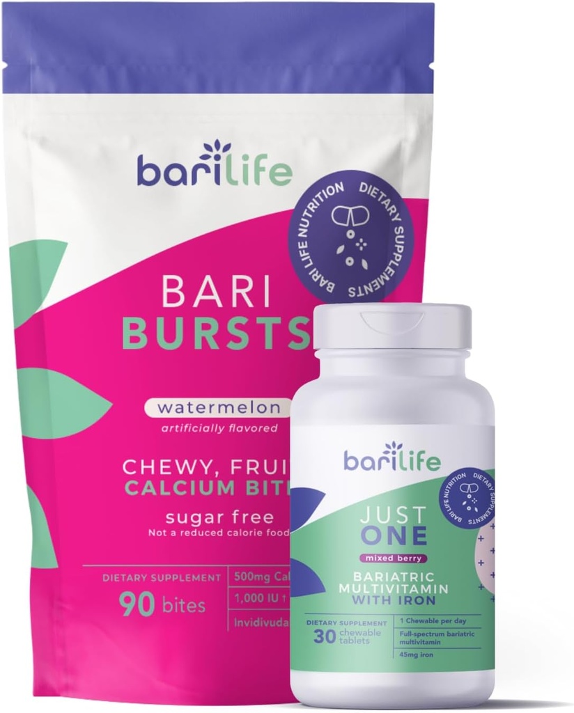 Bari Life Just One Chewable: Once Daily Bariatric Multivitamin + Iron and and BariBurst Calcium Citrate Soft Chews for Gastric Bypass, Gastric Sleeve and Duodenal Switch (Watermelon)