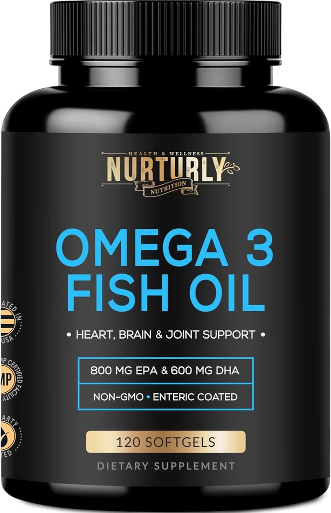 Omega 3 Fish Oil 2000mg, 800mg EPA y 600mg DHA - Enteric Coated and Burpless - Supports Brain, and Heart - Burpless, Non-GMO, 3rd Party Lab Tested and NSF Certified - 120 Softgels