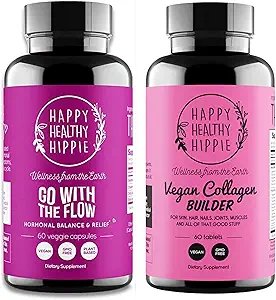 Happy Healthy Hippie Vegan Collagen Builder w/Hyaluronic Acid & Go with The Flow Hormone Balance for Women