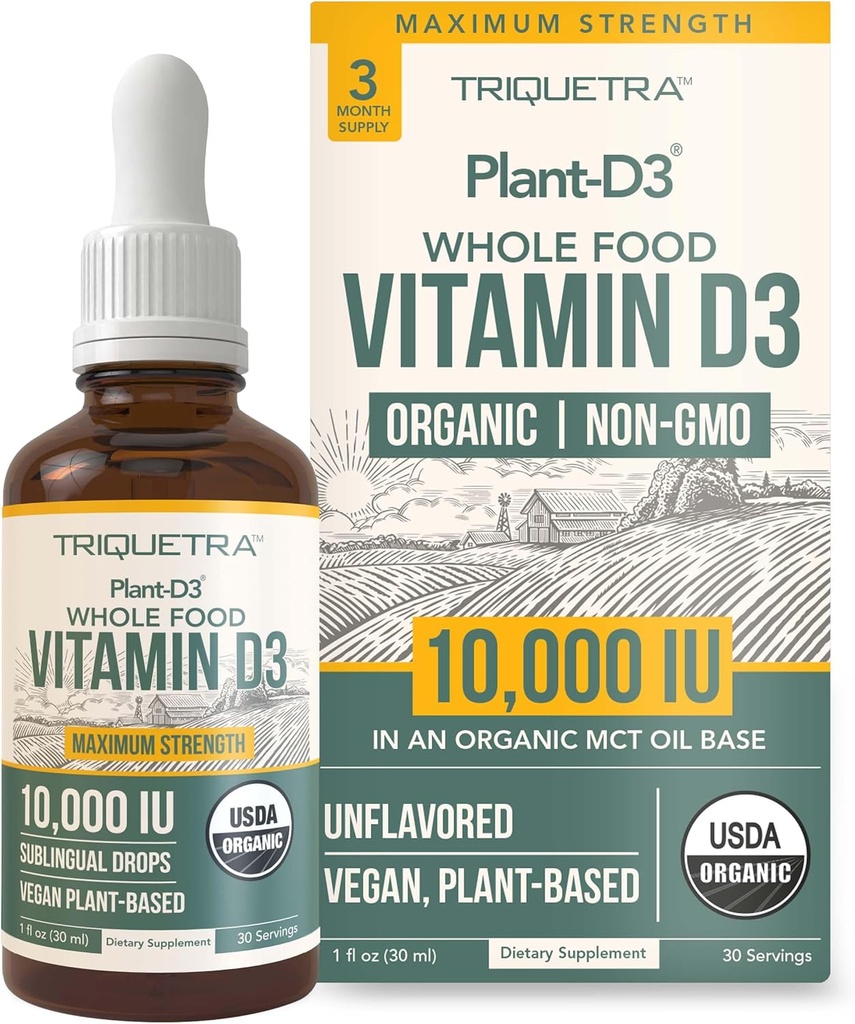 Vitamina Orgánica D3 10,000 UI - Planta D3, Vegan, Max Strength Sublingual Líquido gotas D3 - 200% Absorción Superior, 100% Forma de Cholecalciferol Basado en Planta & Vegan D3, Dosis Ajustable (30 Servimientos)