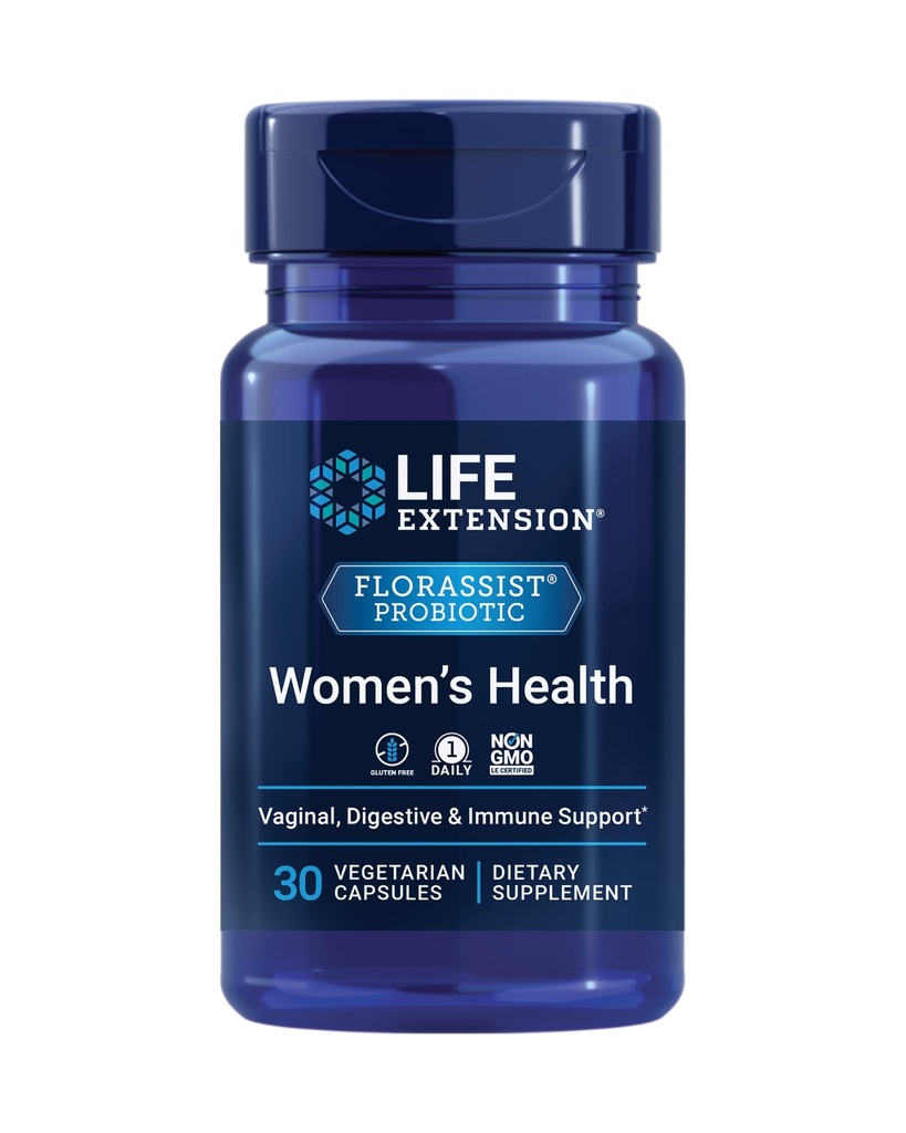 Extensión de vida FLORASSIST® Salud Probiótica, Salud Vaginal, Salud Digestiva, Salud Inmune, Libre de gluten, No GMO, Vegetariano, Fórmula Una vez Día, 30 cápsulas