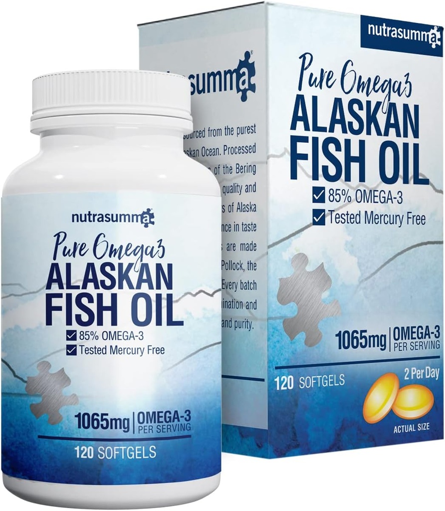Nutrasumma High Purified Omega 3 Supplement Wild Alaskan Fish Oil Burpless & No Fishy Taste, 650mg EPA &270mg DHA of 1250mg Fish Oil softgels, Gluten Free, Heart, Brain& Immune Support, 60 Servings