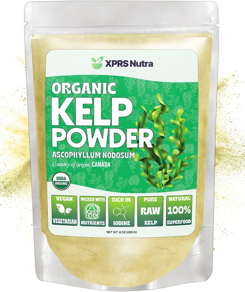 XPRS Nutra Organic Kelp Powder (Ascophyllum Nodosum) - Seaweed Powder Rich in Iodine, Immune Vitamins and Minerals - Food Grade Sea Kelp Suplemento Vegan Superfood for Skin Care (8 oz)
