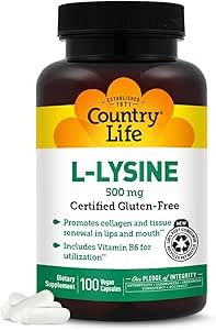 Country Life L-Lysine 500mg con B-6, apoya la salud inmune, promueve la renovación del colágeno en los labios y la boca, 100 cápsulas veganos, galleta certificada gratis, certificada Vegan