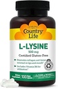 Country Life L-Lysine 500mg with B-6, Supports Immune Health, Promotes Collagen Renewal in Lips and Mouth, 100 Vegan Capsules, Certified Gluten Free, Certified Vegan