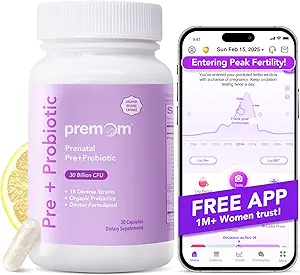 Premom Prenatal Pre &amp; Probiotics for Women: 18 Diverse Organic Prebiotics Strains - Supports Digestive, 30 Billion CFU, Gut & Immune Health for Mom and Baby - Daily Capsules