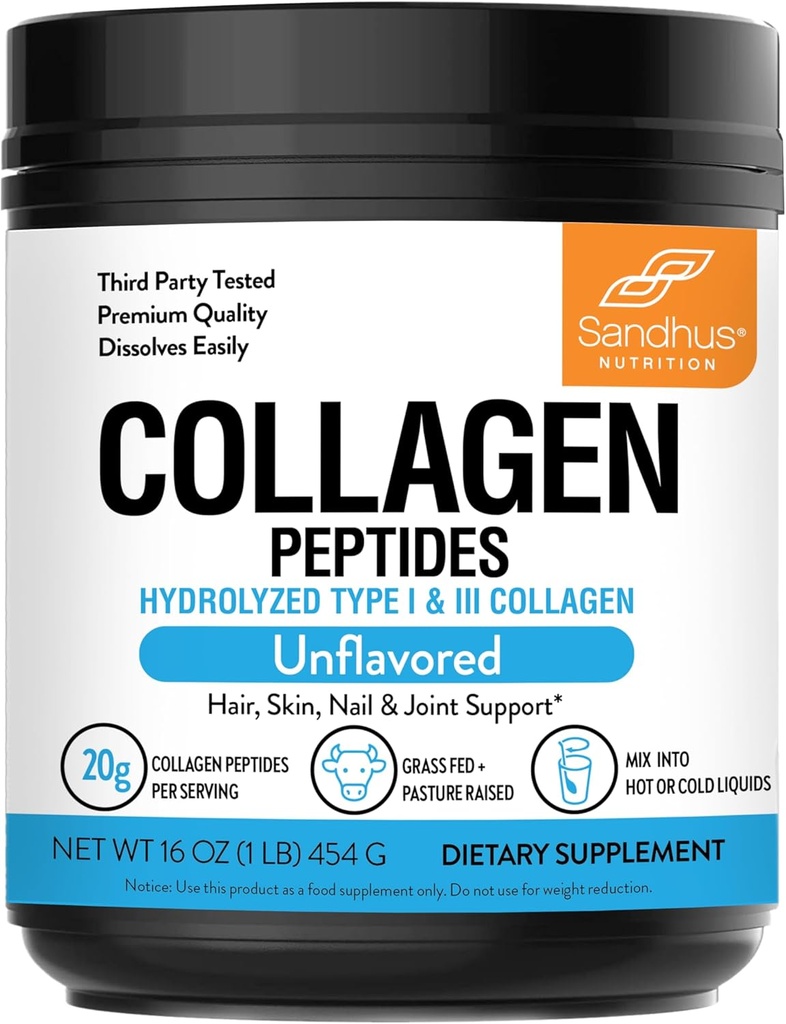 Sandhu's Collagen Peptides Powder WordPress1 lb, 22 Servings Unflavored habit Grass-Fed Hydrolyzed Bovine Collagen ← Soporta la piel juvenil, el cabello, uñas, movilidad y flexibilidad