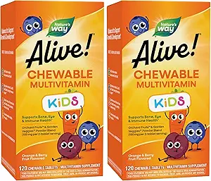 ¡La naturaleza está viva! Multivitamínicos Chewable Diario de los niños, soporta el hueso, el ojo y la salud inmune*, Orange &amp; Berry Fruit Flavored, Gluten Free, 120 Chewable Tablets (Packaging May Vary) (Pack of 2)