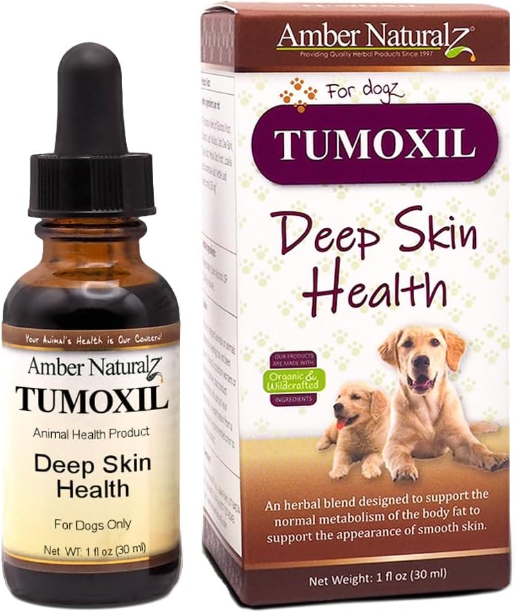 Amber NaturalZ Tumoxil Deep Skin Health Herbal Supplement for Dogs and Puppies TEN Canine Herbal Supplement for Skin and Metabolism Support ← 1 Fluid Ounce Glass Bottle