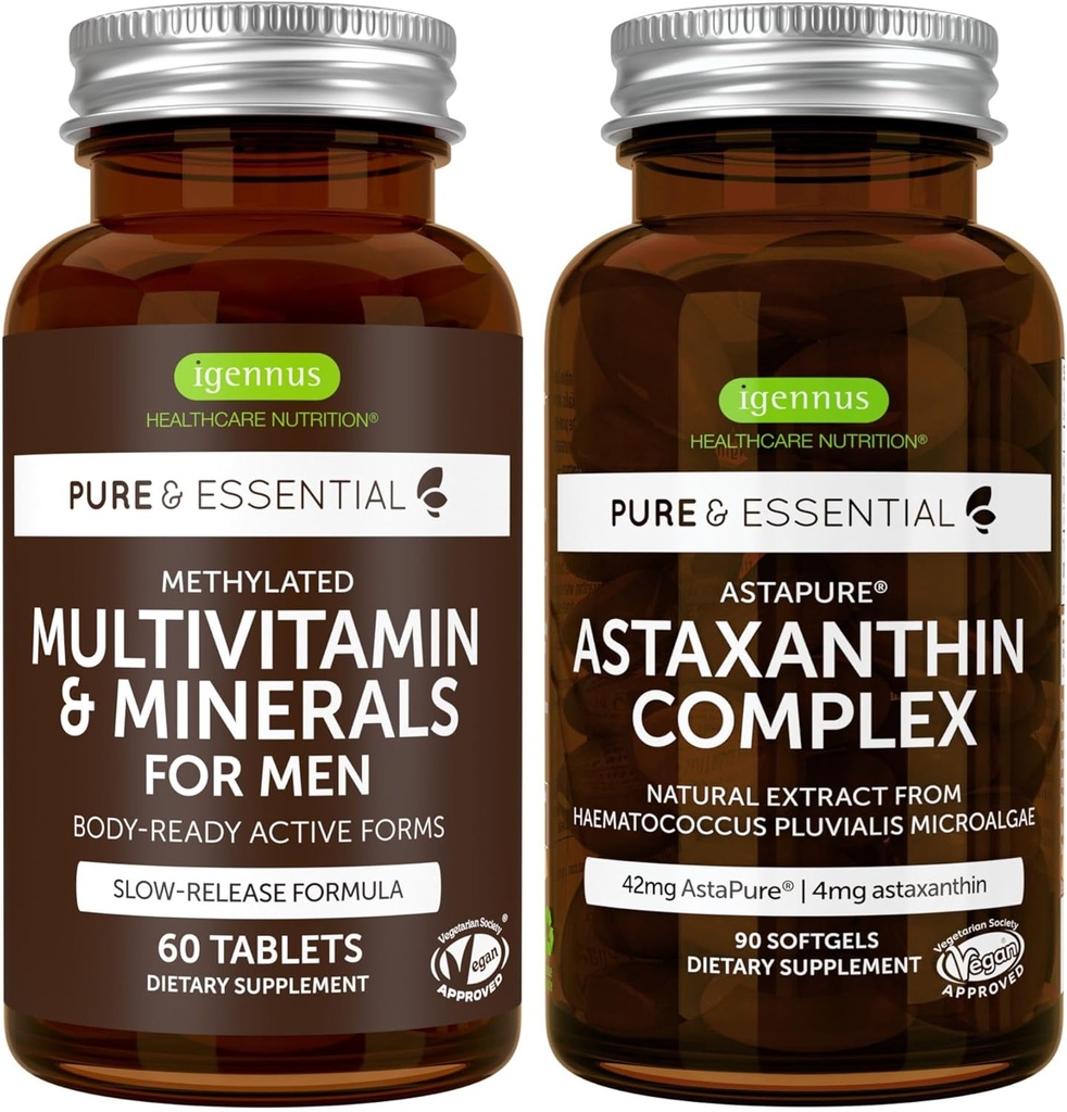 Multivitamin & Minerals for Men + Astaxanthin Complex Vegan Bundle, Sustained Release Advanced Multivitamin + 4 mg H. Pluvialis Natural Astaxanthin, by Igennus