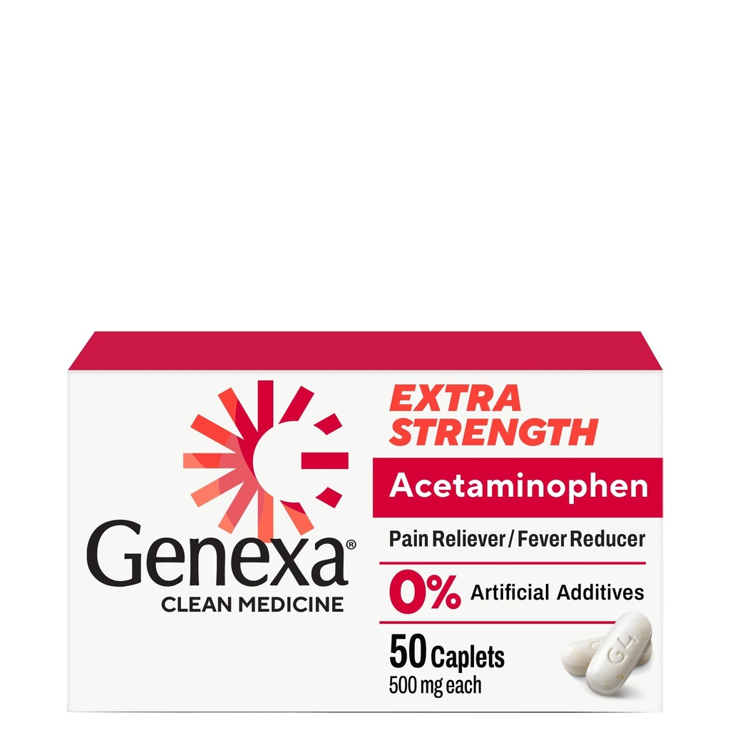 Genexa Clean Acetaminophen 500mg Extra Strength, Dye Free Pain Reliever Fever Reducer, 0% Artificial Additives, Dolor de dolor para adultos, Aliviado, Dolor de espalda, Dolor de artritis menor, 50 Tablets