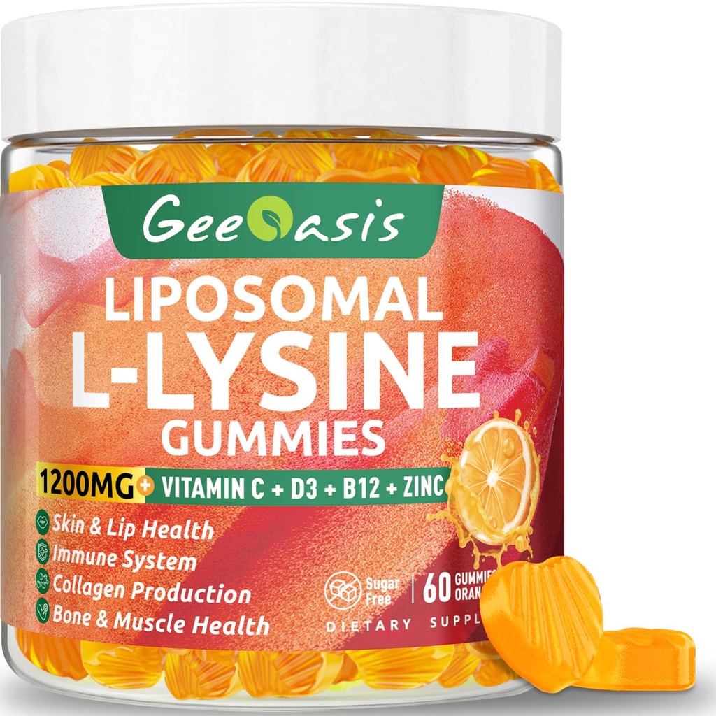 Liposomal L-lysine Gummies 1200mg, Lysine Chewable Suplemento con vitamina C, D3, B12 &amp; Zinc para adultos &amp; niños, Immune & Collagen Support, Lips & Skin Health, Vegan, Natural Fruit Flavor, 60CT