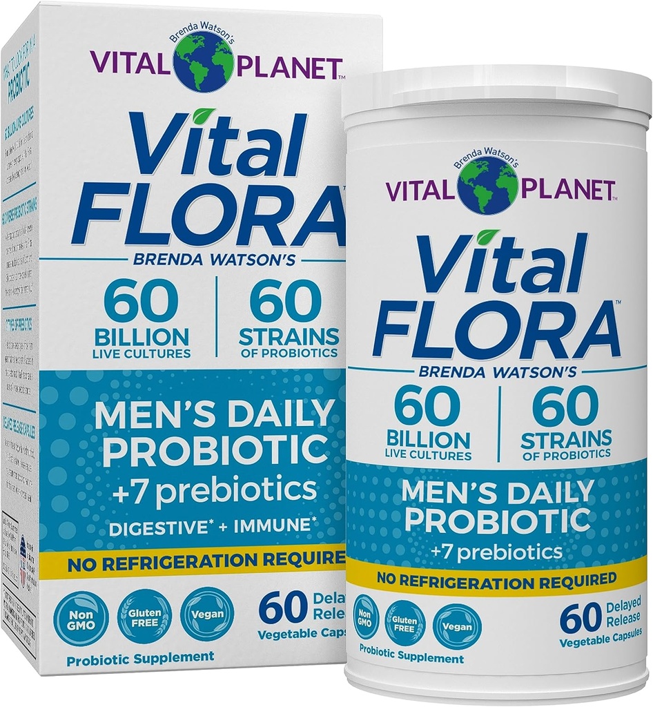 Planeta Vital - Probióticos Vital Flora para Hombres, 60 Billones CFU, 60 Strains Diversos, 7 Prebióticos Orgánicos, Estante Diario de Hombre Probiótico Estable para Apoyo Inmunitario, Alivio de Gas, Salud Digestiva 60 cápsulas