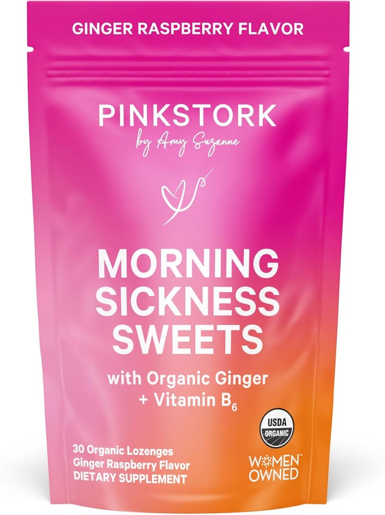 Pink Stork Morning Sickness Sweets, Orgánica Raspberry Ginger Candy con vitamina B6, Soporte para la enfermedad de la moción, Prenatal Heartburn - El embarazo debe tener - 30 gotas de salpicadura