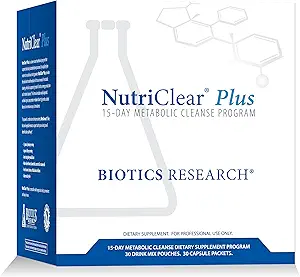 Biotics Research NutriClear Plus Detox Program, Conveniente. Servicio de paquete único. Fácil de seguir Programa de limpieza metabólica. 17 Gramos Pía Orgánica Proteína/Serving, 30 Packs. Shaker Bottle.