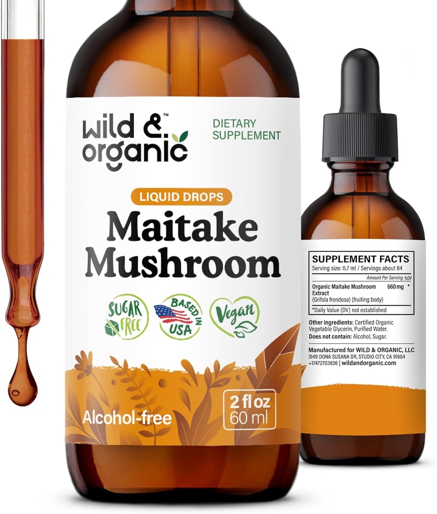 Silvestre &amp; Organic Maitake Mushroom Drops - Suplemento líquido de hongos para soporte inmunitario - Extracto de Maitake Tintura - Vegan, Azúcar &amp; Sin alcohol - 2 fl oz