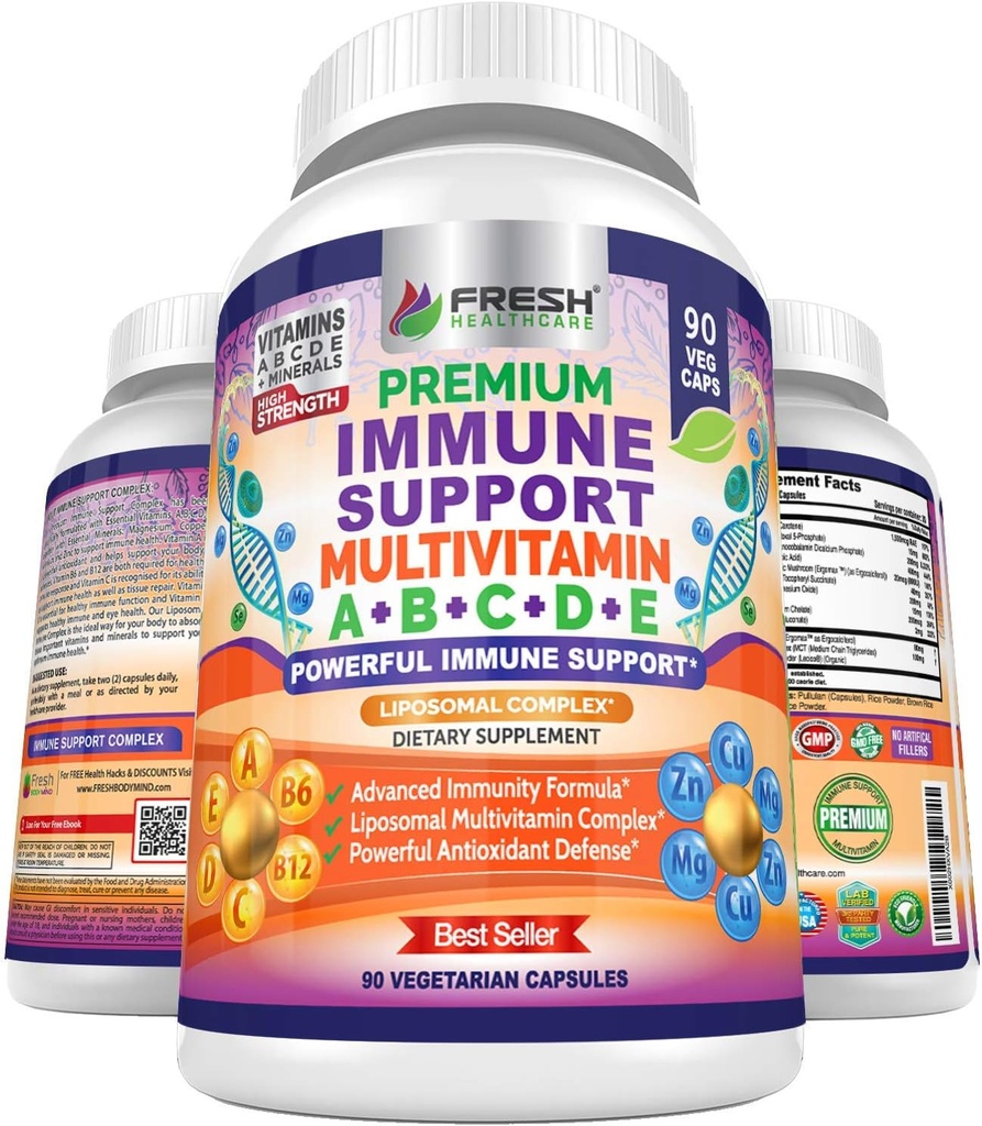 Immune Support Multivitamin for Hombres and Women with Vitamins A, B, C, D, E, B6, B12 - Zinc, Magnesium and Copper with Liposomal Complex for Enhanced Absorption - Daily Antioxidant Boost - 90 Vegan Caps
