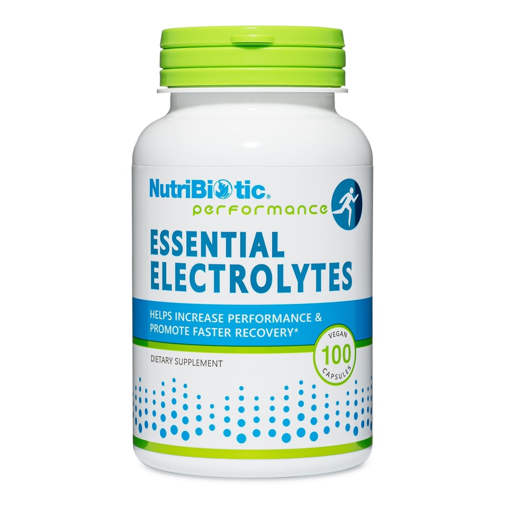 NutriBiotic Essential Electrolytes, 100 Ct Capsules ← Apoyos Aumento del rendimiento " Más rápido recuperación ← Farmacéutica Grado Vitamina C con electrolitos para la rehidratación  durable Vegan, libre de gluten "