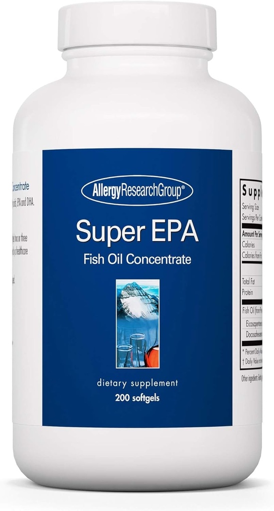Allergy Research Group Super EPA - Omega 3 Suplemento, Fish Oil Concentrate, EPA, DHA, Omega 3 Fatty Acids, Sustentably-Sourced Anchovies, Softgels - 200 Count