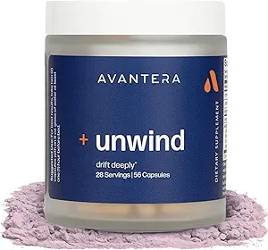 Avantera Unwind - Estrés y suplemento de sueño para adultos - Soporte Niveles de estrés saludable &amp; Mejorar la eficiencia del sueño - Magnesio, Melatonina, Ashwagandha, &amp; Más - 56 cápsulas Vegan