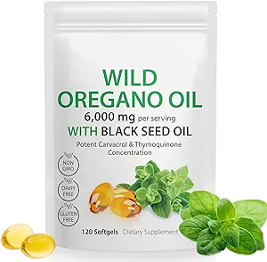 Óleo de Oregano Softgels - Aceite de orégano silvestre 6.000 mg con aceite de semilla negra 200mg cápsulas, 120 conde, Carvacrol de Potente " Timoquinona, No GMO, Dairy Free, Gluten Free