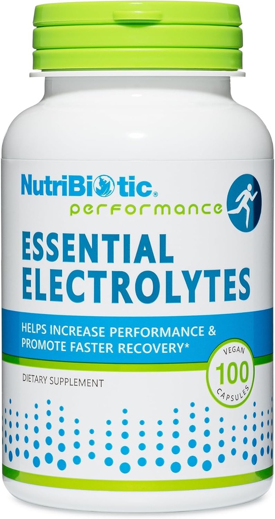 NutriBiotic Essential Electrolytes, 100 Ct Capsules ← Apoyos Aumento del rendimiento " Más rápido recuperación ← Farmacéutica Grado Vitamina C con electrolitos para la rehidratación  durable Vegan, libre de gluten "