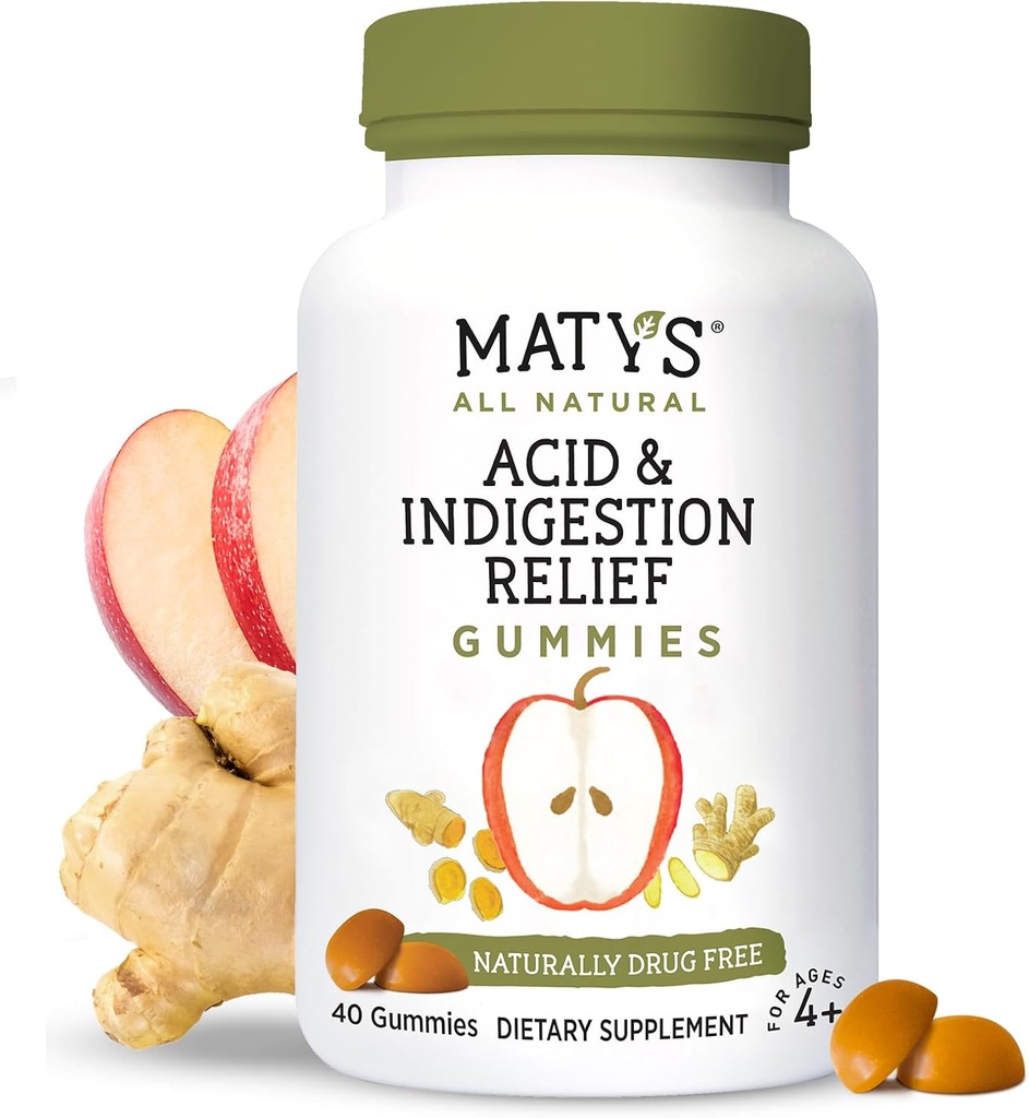 Matys Acid " Indigestion Relief Gummies, Safe Antacid for Occasional Acid Reflux " Heartburn in Adults " Kids 4 Years Old +, Low Sugar, Gluten Free, Vegan Gummy Made with Apple Cider Vinegar, 40 count