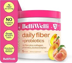 BelliWelli Fiber Supplement for Women &amp; Hombres – Premium Daily Fiber Powder from Organic Acacia with Added Collagen, Electrolytes & Probiotics – No Bloat, Constipation " Gut Health Support (Peach Mango)