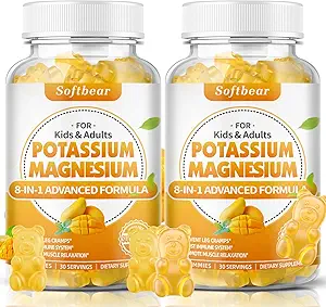 softbear Potasio Magnesio Gummies para Mujeres, Calcio Magnesio Potasio Suplementos con Vitaminas Citrato de Potasio Libre de Azúcar Gummies Apoyo Muscle Health, Mango Flavor 120 Conde
