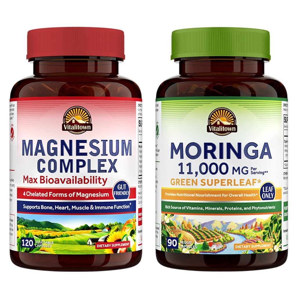 Vitalitown Magnesium + Moringa Bundle (Pack of 2) tención Magnesium Complex (Item 1) & Moringa (Item 2) Silencio 120 Magnesium Capsules &amp; 90 Moringa Capsules