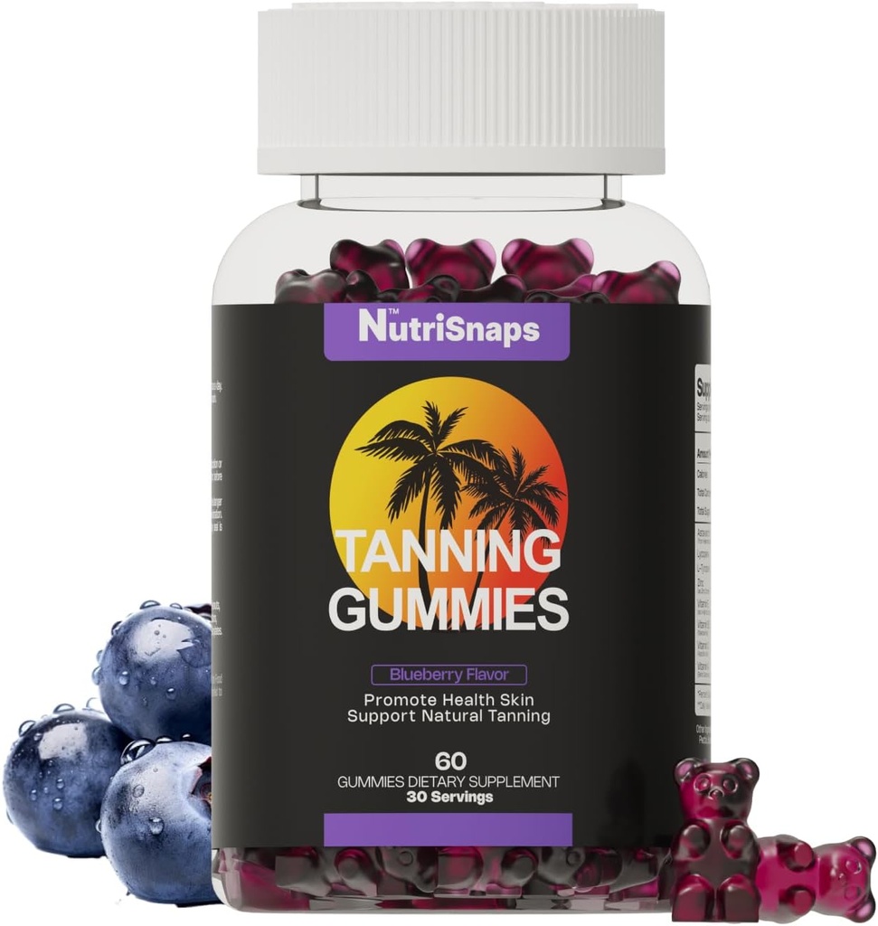 Gummies de bronceado, suplemento de bronceado para adultos Mujer " Hombres, Gummies de bronce diario para la salud de la piel " , No GMO, Vegan, Blueberry Flavor, 60 Gummies