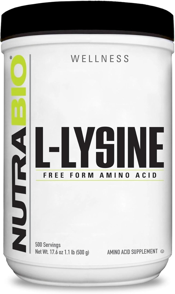 NutraBio L-Lysine Powder 500g – Aminoácidos esenciales para el metabolismo de proteínas, soporte de colágeno, " Salud de inmunos – Pura, Desarrollada, No GMO, Vegan- 500 Servimientos