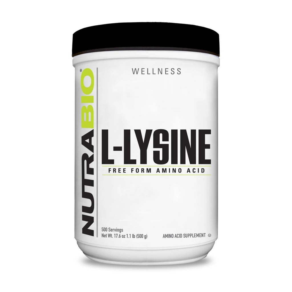 NutraBio L-Lysine Powder 500g – Essential Amino Acid for Protein Metabolism, Collagen Support, & Immune Health – Pure, Unflavored, Non-GMO, Vegan- 500 Servings