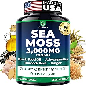 Sea Moss Black Seed Oil Ashwagandha Ginger - Advanced Irish Sea Moss Capsules All in One Supplement with Seamoss Black Seed Oil Ashwagandha Burdock Root Bladderwrack - Pills for Energy, Immune, Gut