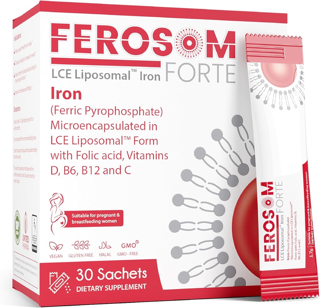 LCE Liposomal Iron Powder – 21mg Elemental Iron con vitaminas B12, B6, C, D ' Folic Acid – Gentle Berry-Flavored Supplement Drink, 30 Vegan Sachets