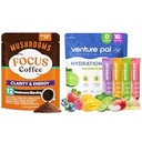 Venture Pal Mushroom Coffee & Electrolyte Powder Bundle: 12 en 1 Café con Ashwagandha para Focus &amp; Inmunity + Empaquetadura de electrolito sin azúcar con 5 vitaminas &amp; 7 electrolitos - 40 piezas &amp; 16 palo