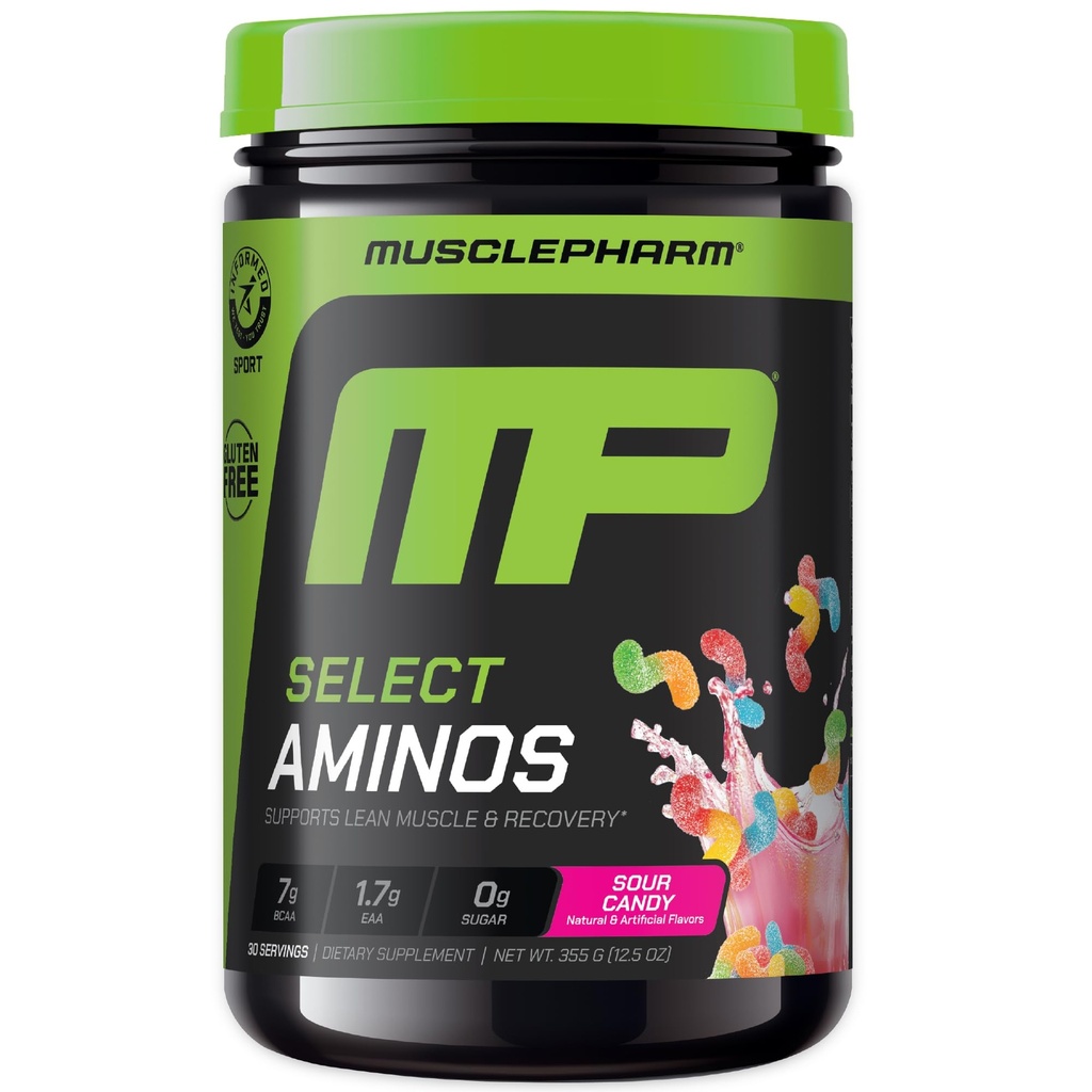 MusclePharm Select Amino's EAA + BCAAs, Post Workout Essential Amino Acids Powder, Pre Workout Energy Supplement for Men &amp; Women with Branched Chain Amino Acids, 30 Servings (Sour Candy)