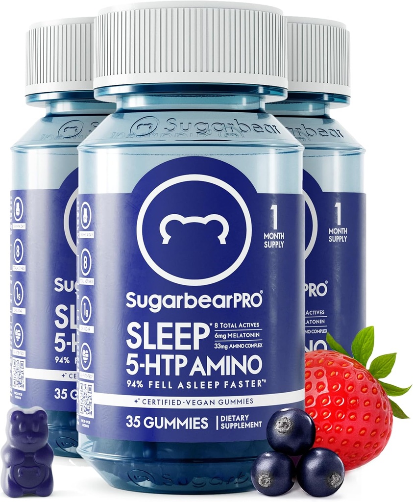 Sugarbear Sleep Gummy 3 Month Supply, Extra Strength Melatonin 6mg, para Hombres &amp; Mujeres, Vegan Vitamina B6, L-Theanine, 5 HTP, Valerian, Sleep Aid for Adults &amp; Adolescentes, Certified Kosher, Halal, Cruelty-Free