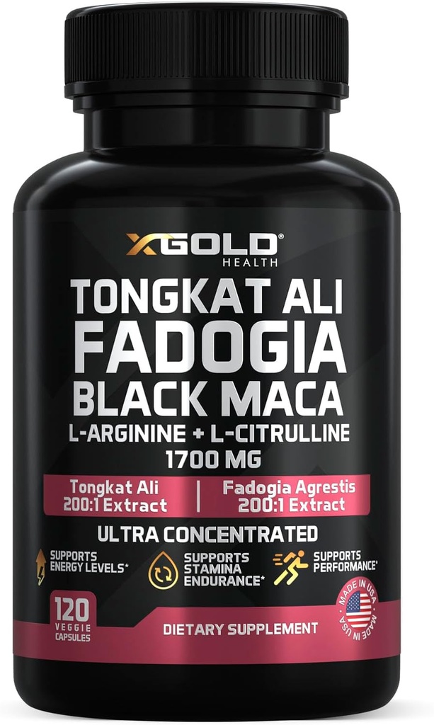 X Gold Health Tongkat Ali + Fadogia Agrestis + Black Maca – Energy, Vitality & Stamina Booster for Men & Women Made in USA