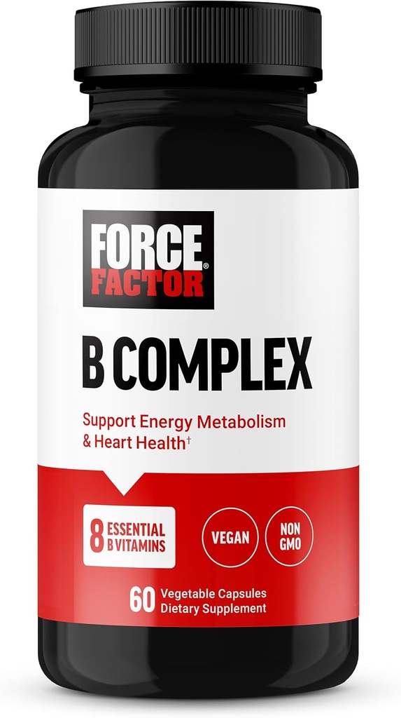 FORCE FACTOR Vitamin B Complex to Support Energy, Vitality, and Heart Health, Includes Vitamin B1, Vitamin B2, Vitamin B3, Vitamin B6, Vitamin B12, and More, Vegan, Non-GMO, 60 Vegetable Capsules