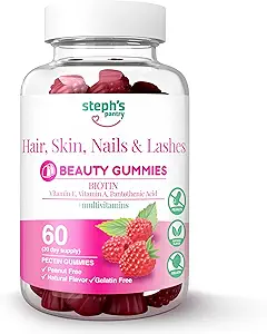 Steph's Pantry Biotin Gummies for Hair, Skin, Nails, & Lashes High Strength Gummies ← Daily Multivitamins ANTE Gluten-Free, Nut-Free, Non-GMO, Plant-Based, Vegan, Kosher tención (60 Gummies)