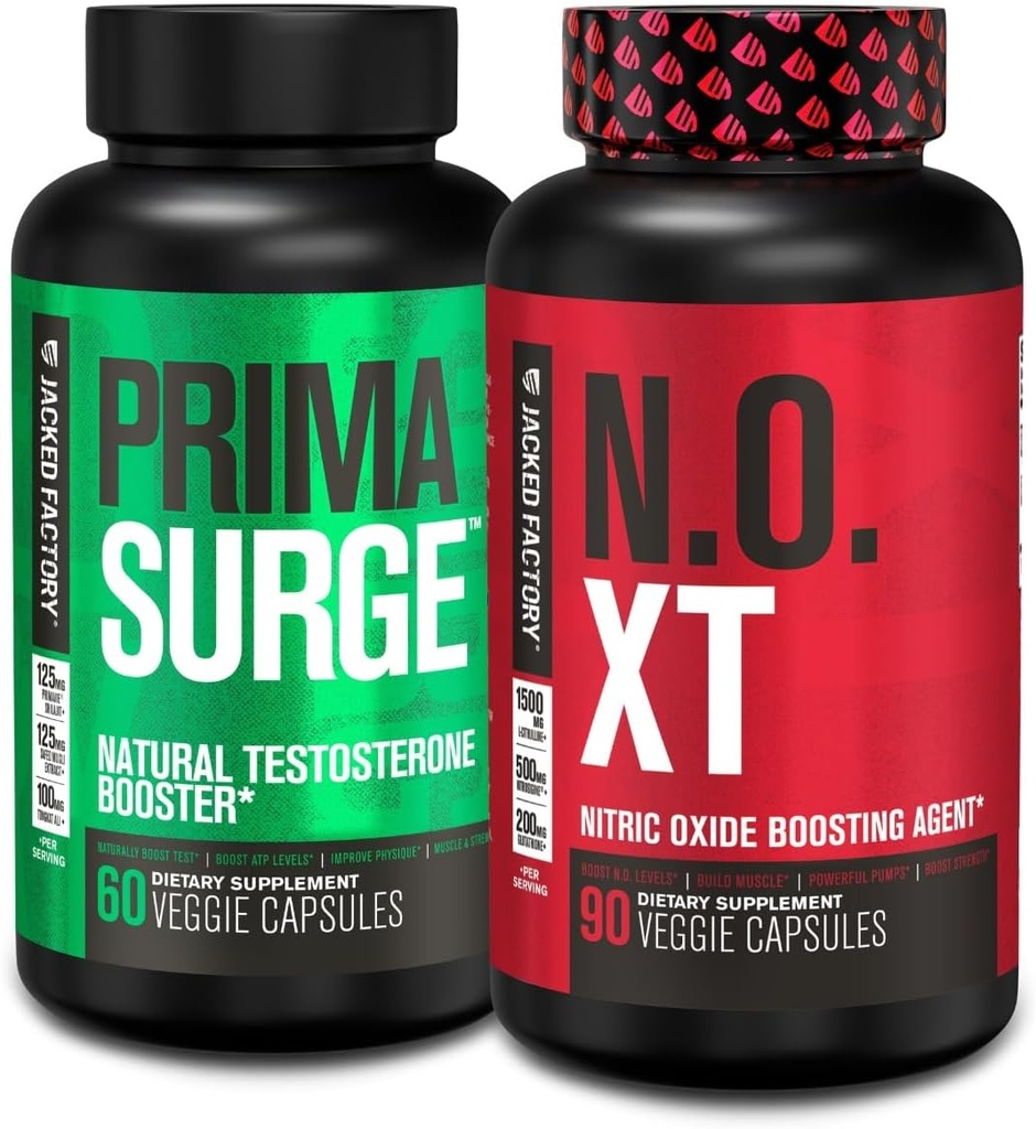 Booster de testosterona para hombres PRIMASURGE (60 cápsulas) & N.O. XT Nitric Oxide Suplemento (90 cápsulas) para el crecimiento muscular, bombas, energía