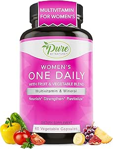 Pura por naturaleza Multivitamina de un día para las mujeres, Suplemento de apoyo inmune con ingrediente no transgénico, vitamina " Minerales para la energía, 60 cápsulas vegetales