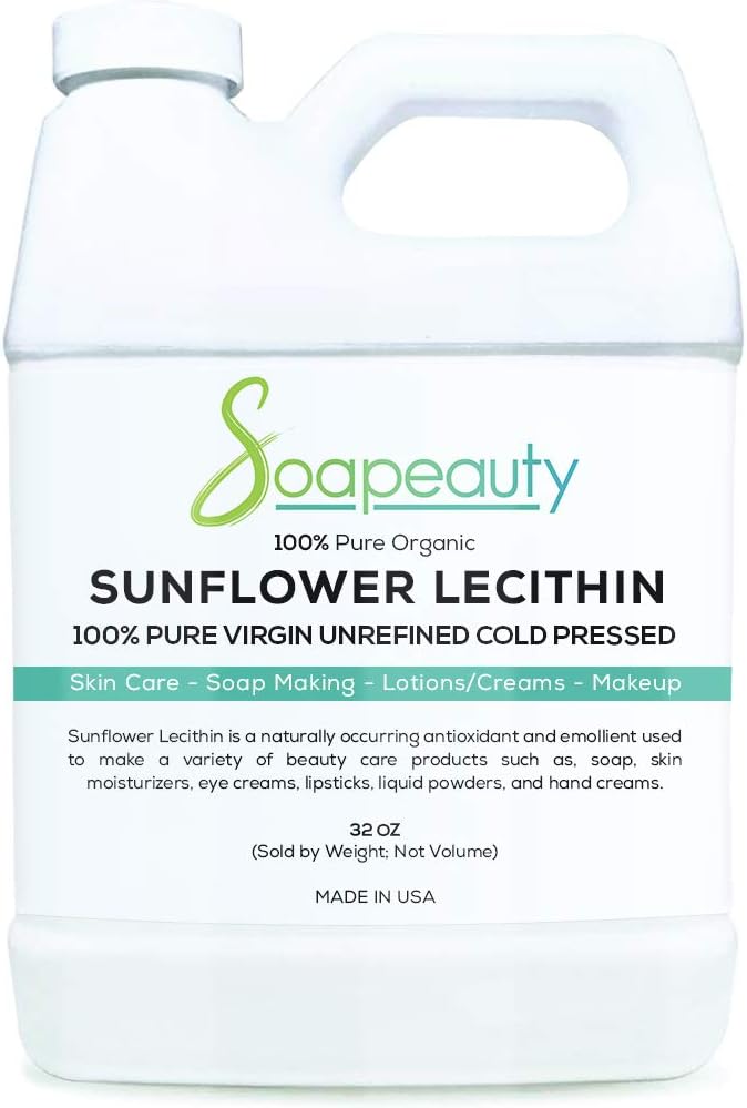 Sunflower Lecithin Liquid Oil ← Cold Pressed Unrefined ← USP Grade Unbleached 100% Puro Natural Sunflower Lecithin Oil ← Skin Moisturizer, Soap Making, Lotion ← 32 fl oz
