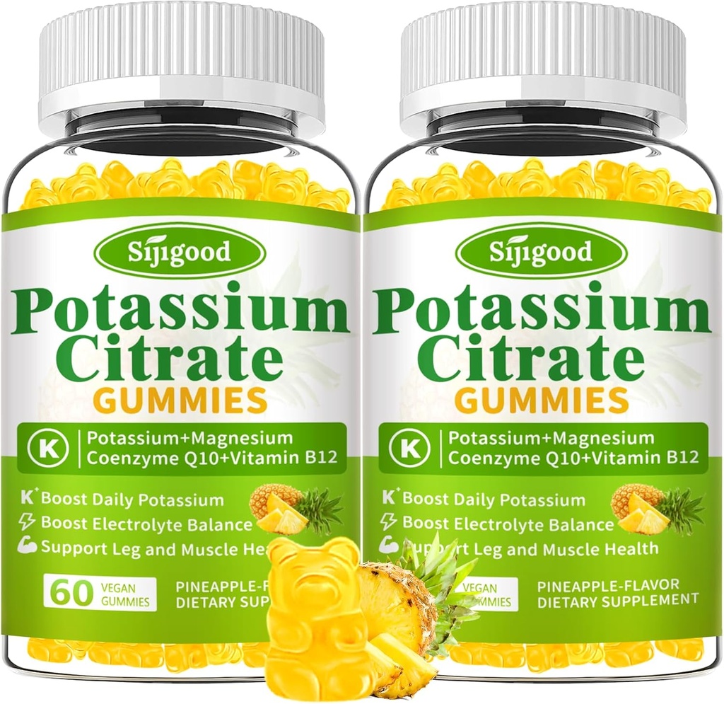 2 Pack Potassium Citrate Gummies – High Potency Potassium Supplement for Muscle Health, Leg Cramp Relief, Electrolyte Balance – Vegan, Non-GMO, Gluten-Free, Pineapple Flavor, 120 Count
