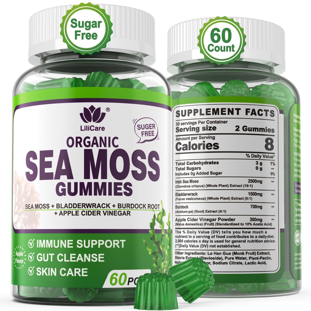 Mar Moss Gummies - Mar irlandés Moss Gummies for Adults &amp; Kids - Advanced Superfood Seamoss Supplement with Organic Bladderwrack & Burdock Root Extract,ACV for Daily Immune, Gut Cleanse, Vegan, 60 Condes
